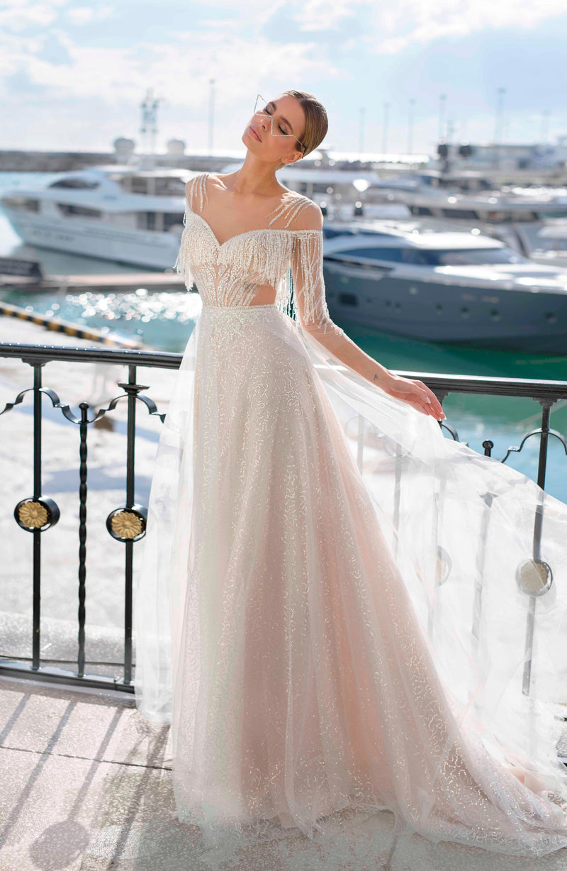 Illusion Neckline Fringe Wedding Dress – HAREM's Brides