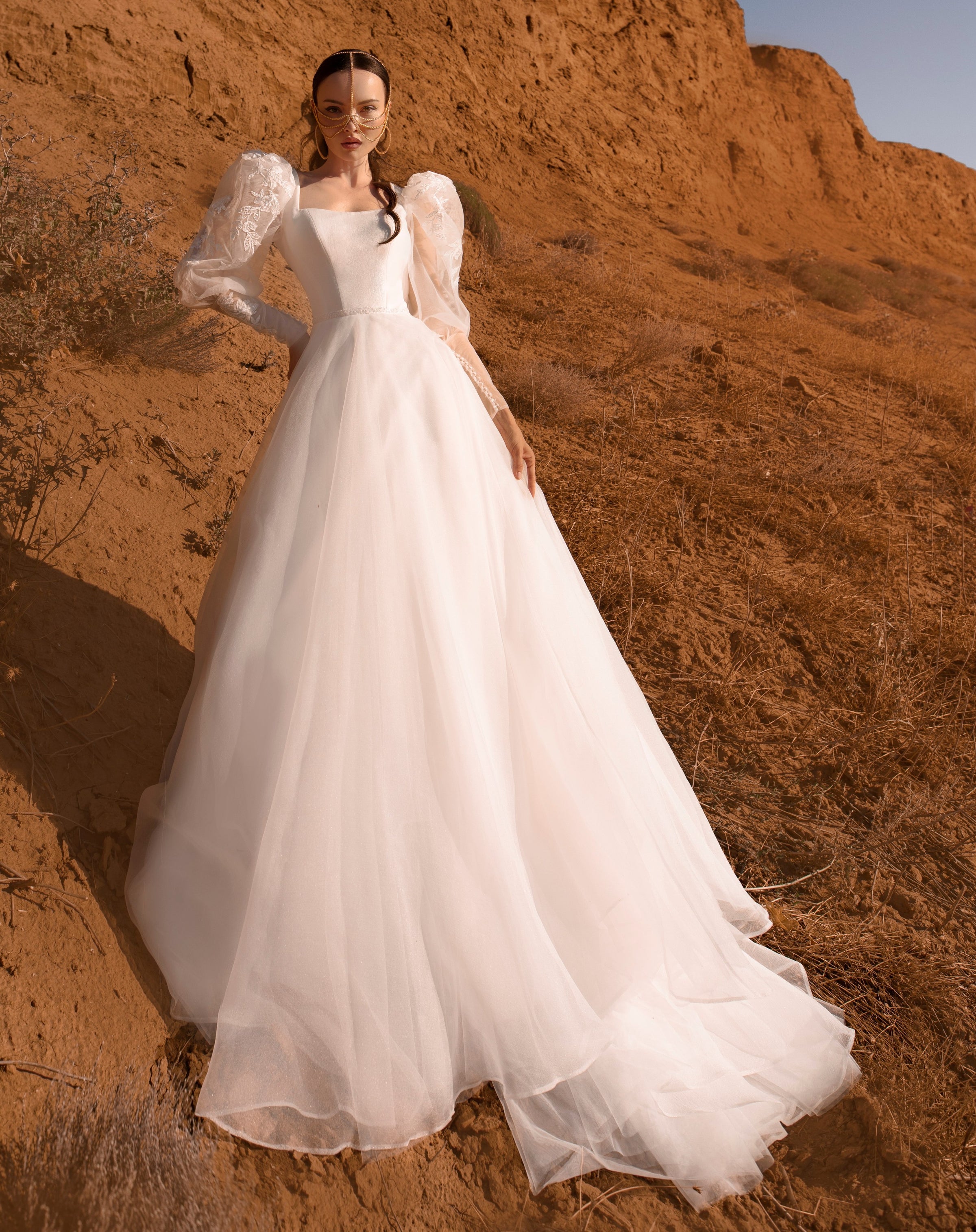 Square Neckline A-Line Wedding Dress with Long Bishop Sleeves – HAREM's  Brides