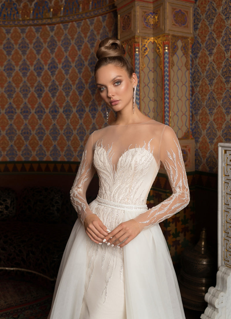 Robe de mariée sirène transparente à manches longues avec surjupe